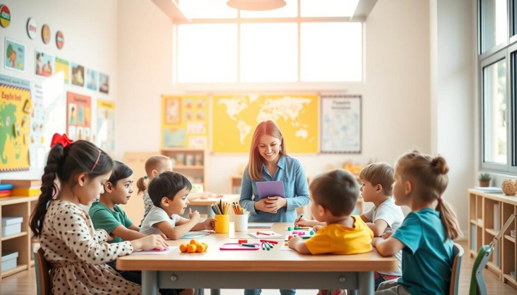A bright, airy classroom with colorful educational posters and learning materials covering the walls. In the center, a group of children of varying ages and backgrounds sit around a table, engaged in different hands-on learning activities. A caring, attentive teacher stands nearby, observing and guiding the students, their expression radiating patience and understanding. Soft, natural light filters in through large windows, creating a warm, inviting atmosphere. The scene captures the essence of personalized, psychopedagogical strategies tailored to diverse learning styles, fostering a collaborative, inclusive environment for holistic child development.