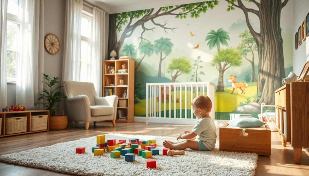 A serene nursery scene, bathed in soft, natural light streaming through large windows. In the foreground, a young child sits on a plush rug, exploring colorful wooden toys and blocks. The middle ground features a comfortable armchair and a wooden bookshelf filled with children's books. In the background, a mural depicts a whimsical forest landscape, with playful animals and lush greenery. The overall atmosphere exudes a sense of calm, focus, and the nurturing environment essential for a child's healthy development.